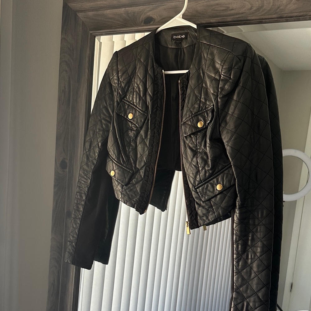 Bebe Quilted Black Leather Jacket with Gold Accents